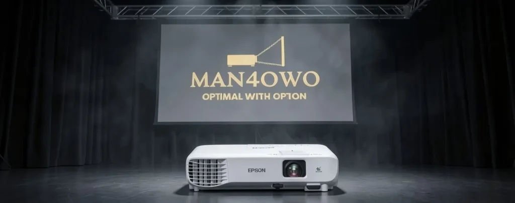Chiếc máy chiếu Epson MAN4OWO với biểu tượng logo trên màn hình đen
