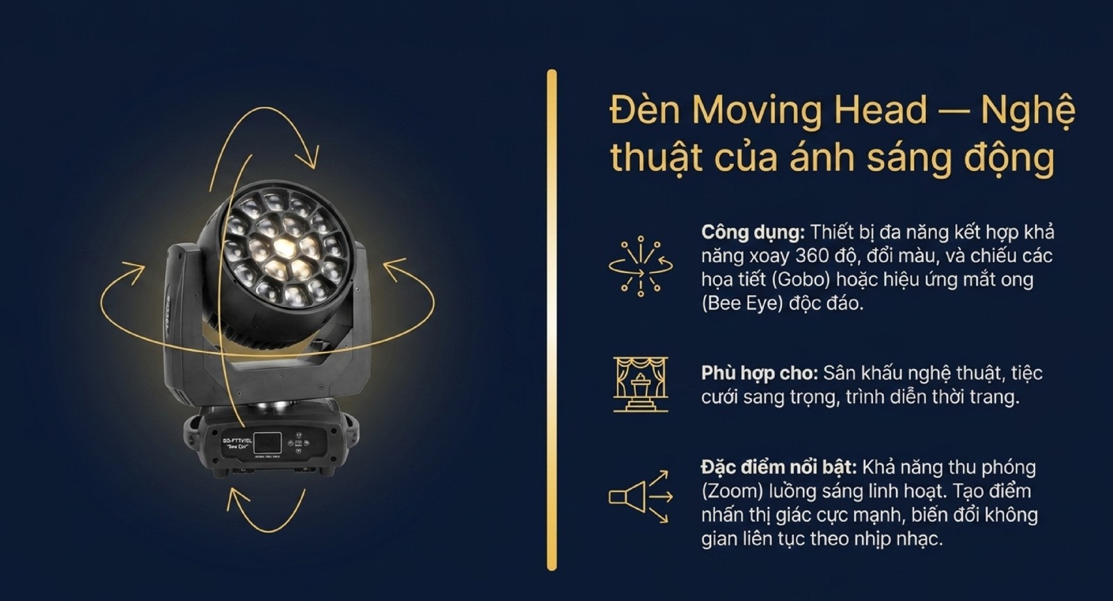 Danh Mục Đèn Sân Khấu Cho Thuê Tại Hà Nội: Beam, Par LED, Moving Head & Combo Ánh Sáng Sự Kiện Đèn Moving Head xoay 360 độ chiếu Gobo cho thuê