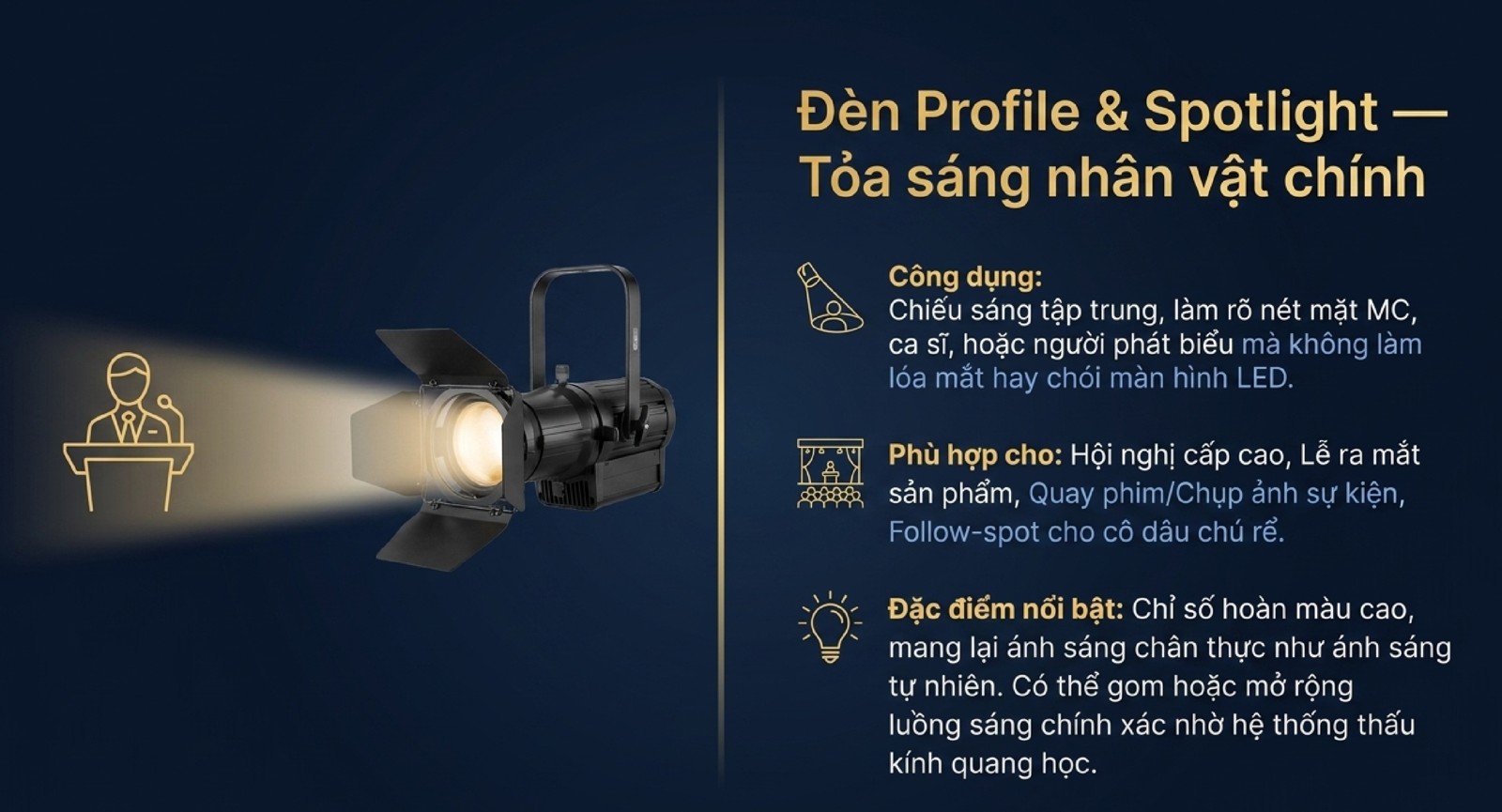 Danh Mục Đèn Sân Khấu Cho Thuê Tại Hà Nội: Beam, Par LED, Moving Head & Combo Ánh Sáng Sự Kiện Đèn Profile Spotlight follow spot cho thuê sự kiện