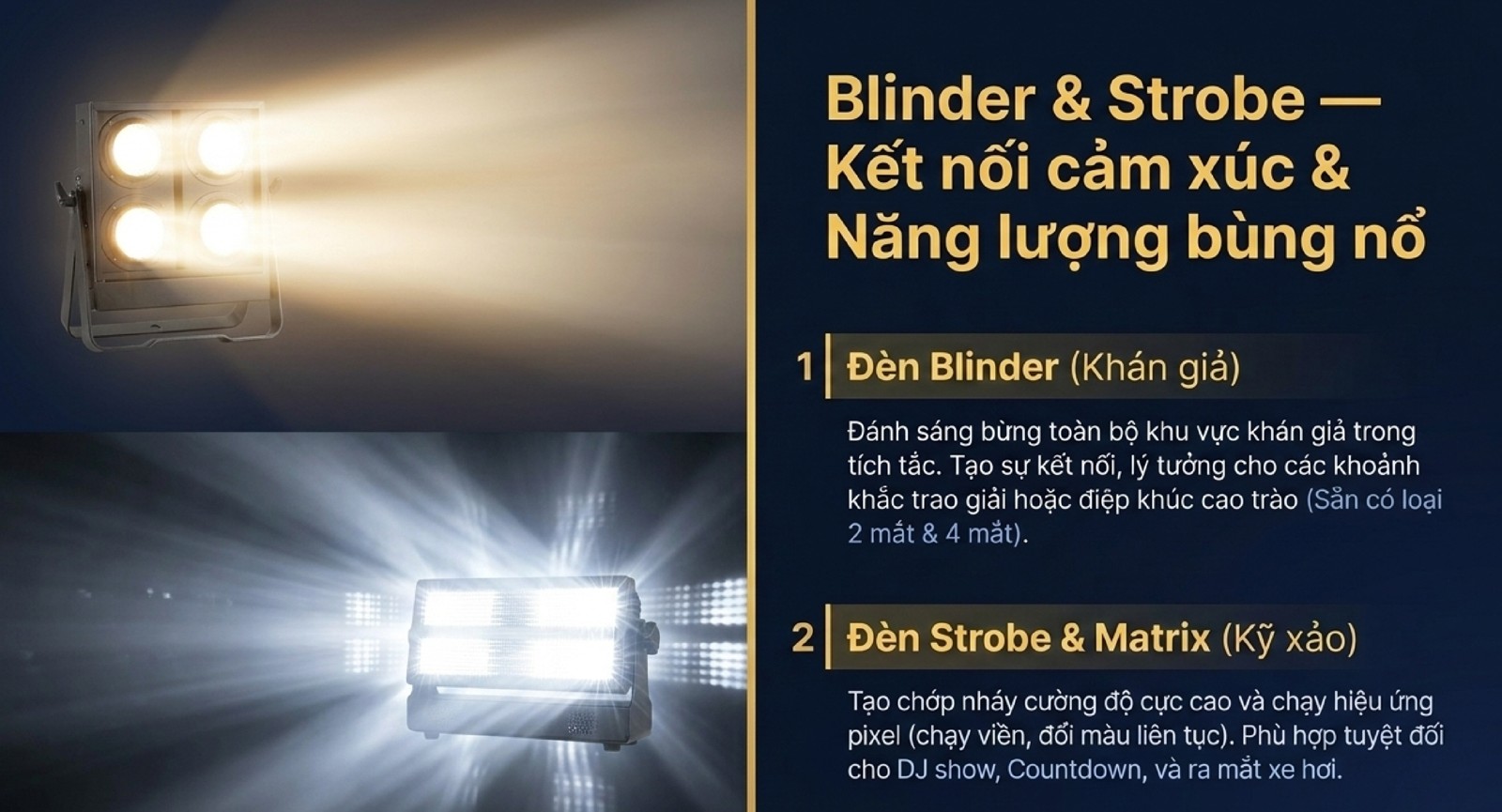 Danh Mục Đèn Sân Khấu Cho Thuê Tại Hà Nội: Beam, Par LED, Moving Head & Combo Ánh Sáng Sự Kiện Đèn Blinder 4 mắt và đèn Strobe Matrix cho thuê