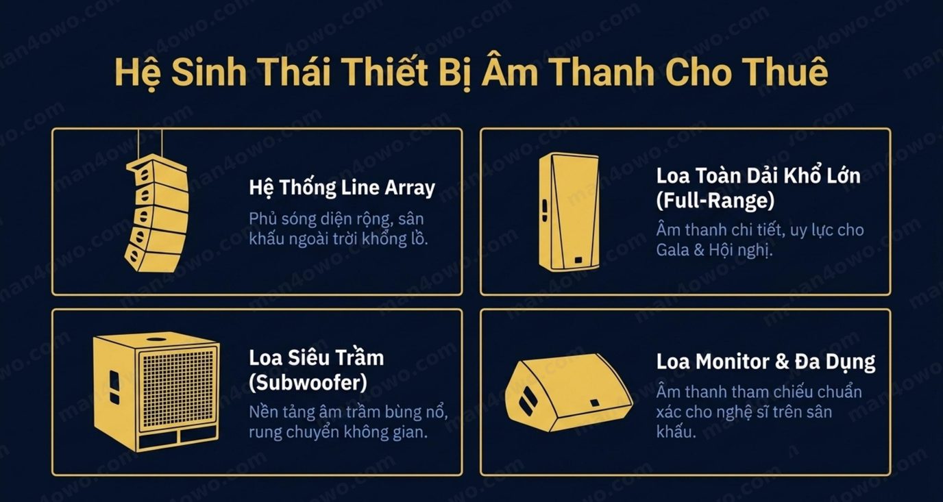Cho Thuê Âm Thanh Ánh Sáng Sự Kiện Tại Hà Nội Hệ sinh thái thiết bị âm thanh cho thuê: line array, loa full, sub, monitor