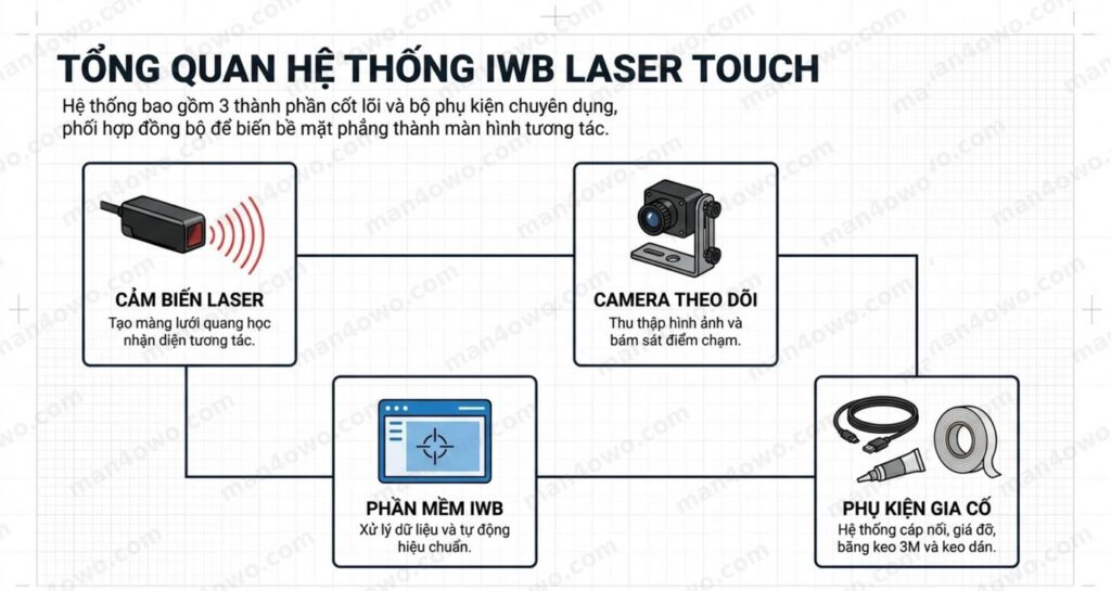 Sơ đồ tổng quan hệ thống IWB Laser Touch: cảm biến laser, camera, phần mềm
