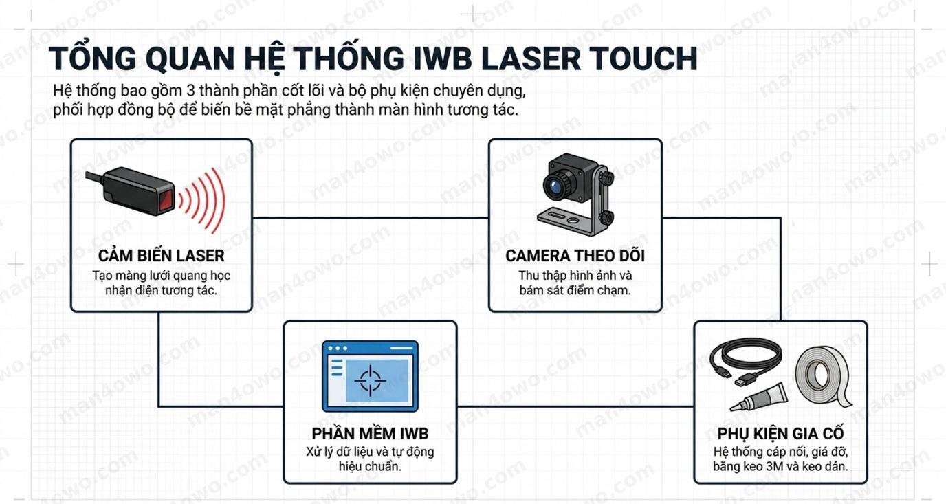 Hệ Thống Cảm Ứng Laser Touch IWB: Biến Màn Hình Thường Thành Màn Hình Tương Tác Sơ đồ tổng quan hệ thống IWB Laser Touch: cảm biến laser, camera, phần mềm
