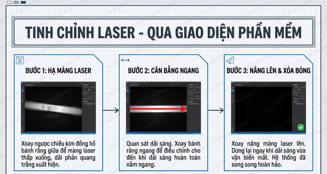 Hệ Thống Cảm Ứng Laser Touch IWB: Biến Màn Hình Thường Thành Màn Hình Tương Tác Tinh chỉnh laser qua giao diện phần mềm theo từng bước