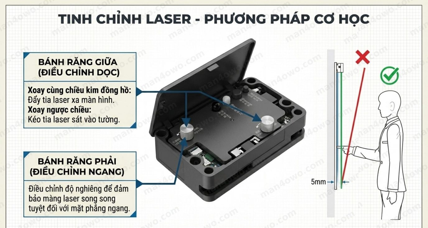 Hệ Thống Cảm Ứng Laser Touch IWB: Biến Màn Hình Thường Thành Màn Hình Tương Tác Tinh chỉnh laser bằng phương pháp cơ học cân bằng giữa và phải